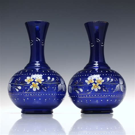 Large Pair Enamelled 19th Century Blue Bohemian Glass Vases C1890 Tableware Exhibit Antiques