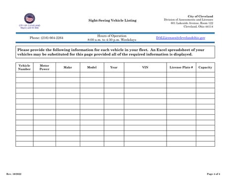 City Of Cleveland Ohio Sight Seeing Vehicle License Application Fill