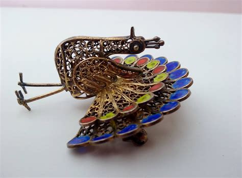 Vintage Peacock Brooch Large Dimensional Enameled Filigree Etsy