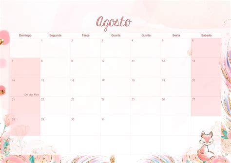 Calendario Mensal 2022 Raposinha Agosto Fazendo A Nossa Festa