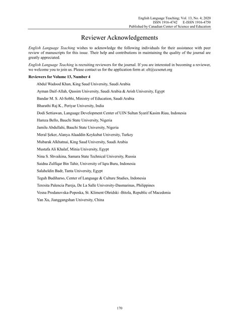 Pdf Reviewer Acknowledgements For English Language Teaching Vol