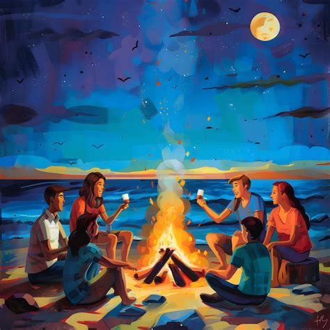 A Painting Of People Sitting Around A Campfire With The Moon In The