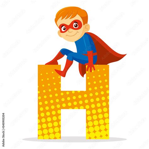 Letter H Superhero Boy Cartoon Character Vector Illustration Stock