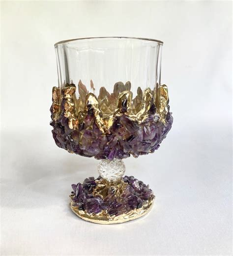 Set of 2 crystal Wine Glasses With Gold Plated Purple Amethyst Agate ...