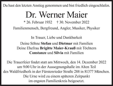 Traueranzeigen Von Werner Maier SZ Gedenken De