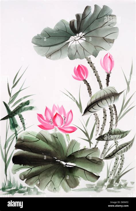 Original art, watercolor painting of lotus, Asian style painting Stock Photo - Alamy