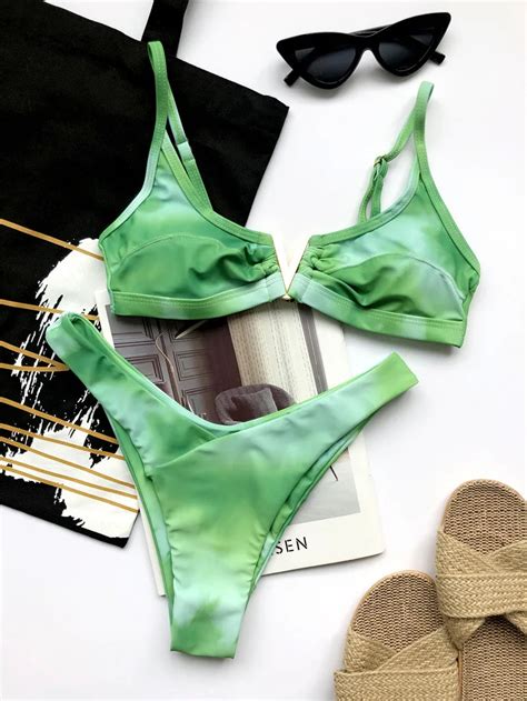 Swimsuit Women Bikini 2020 Mujer Tie Dye High Cut V Neck Bandage Two Pieces Swimwear Bikini Push