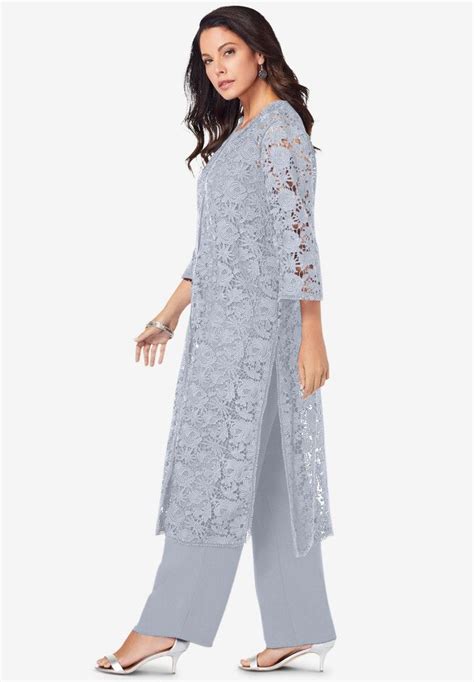 Fashionable Three Piece Lace Duster Pant Suit Pearl Grey In 2024