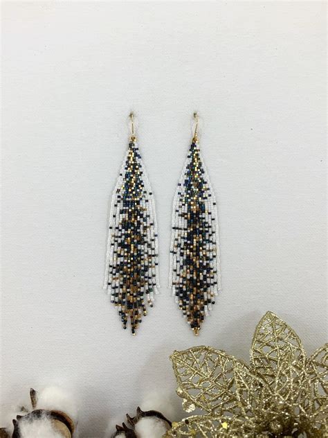 White Blue And Gold Galaxy Beaded Earrings Statement Boho Etsy