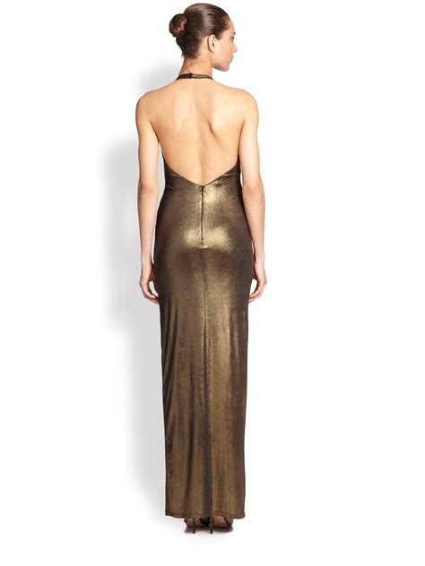 Halston Heritage Metallic Twist Front Jersey Gown In Gold Antique Gold