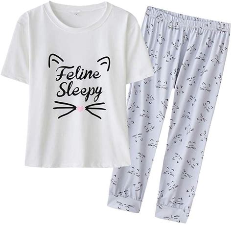 Yijiu Womens Sleepy Cat Print Sleepwear Short Sleeve Tee And Pants