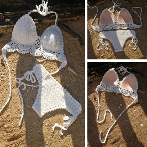 Handmade Crochet Bikini Set Whitepush Up Cups Swimsuit Crochet Bathing Suit Sexy Women