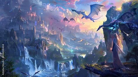 Fantasy Kingdom With Waterfalls Dragons Flying In Colorful Sky And A