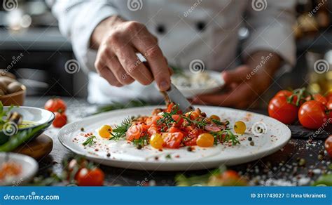 Professional Chef Delicately Garnishing A Dish In A Restaurant Kitchen Focus On Fresh