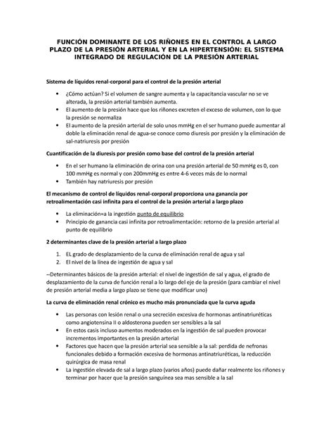 Función Dominante De Los Riñones En El Control A Largo Plazo De La Presión Arterial Y En La