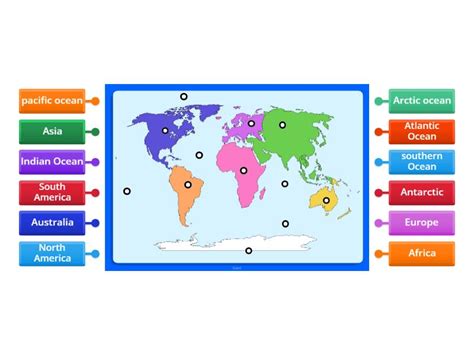 the seven continents map with five oceans - Labelled diagram