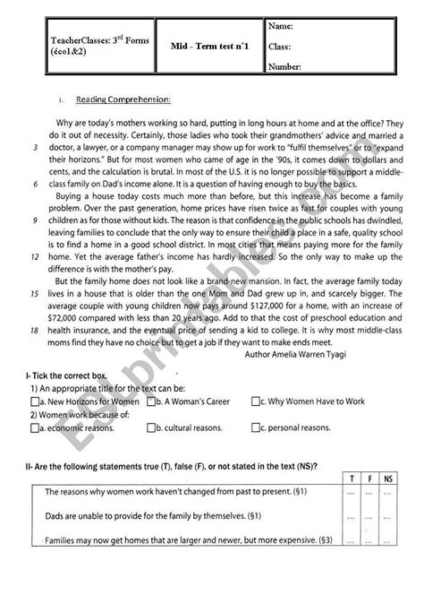 Mid Term Test N Rd Forms Esl Worksheet By Nina