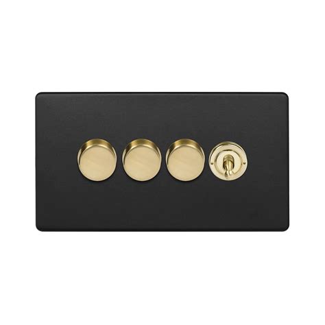 Soho Fusion Matt Black And Brushed Brass 4 Gang Switch With 3 Dimmers Elesi