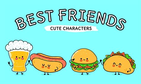 Cute Funny Happy Glass Of Beer Hot Dog Hamburger Taco Vector Hand