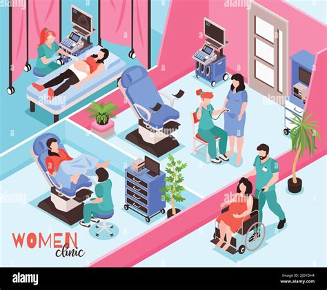 Women Clinic Isometric Composition With Doctors Examining Patients And