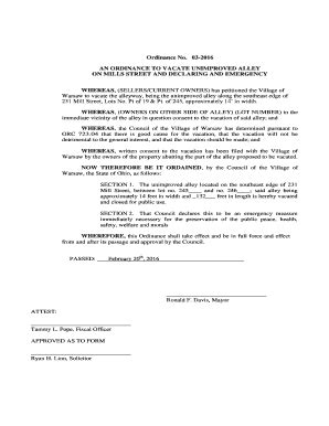 Fillable Online Warsawohio Ordinance No 03 2016 AN ORDINANCE TO VACATE