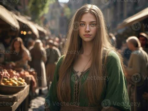 Medieval Girl With Long Hair At The Grocery Market Digital Art