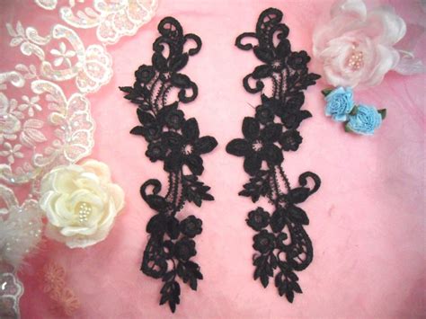 Embroidered Lace Appliques Black Floral Venice Lace Mirror Pair