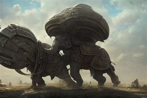 An Armored Battle Elephant Sci Fi Art Oil Painting Stable