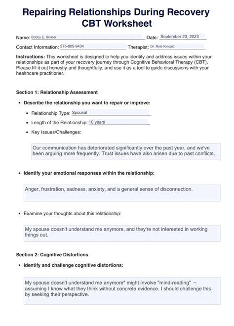 Repairing Relationships During Recovery Cbt Worksheet And Example Free