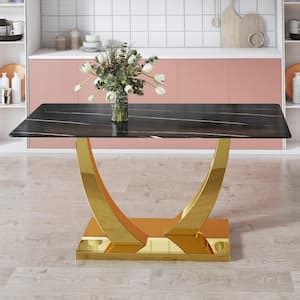 Polibi Modern Rectangle Black Faux Marble Pedestal Dining Table Seats