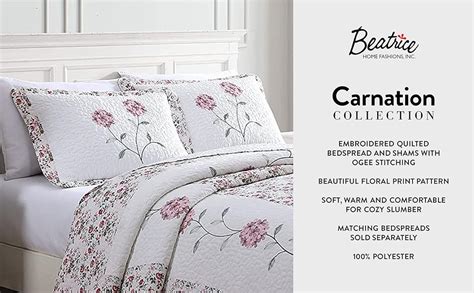 Beatrice Home Fashions Carnation Floral Embroidered Quilted Pillow Sham Lightweight