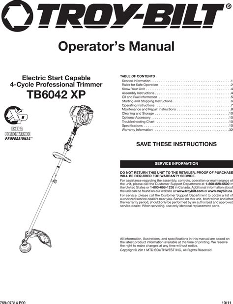 Troy Bilt Tb Xp Straight Shaft Gas String Trimmer Users Manual