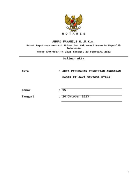 akta perubahan pendirian pt jaya sentosa