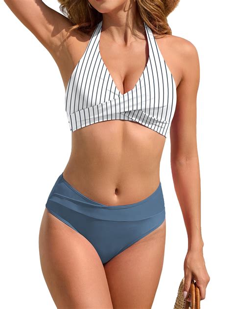 Tashehe Women S Bikini Set High Waisted Twist Swimsuit Colorblock Halter Two Piece Bathing Suit