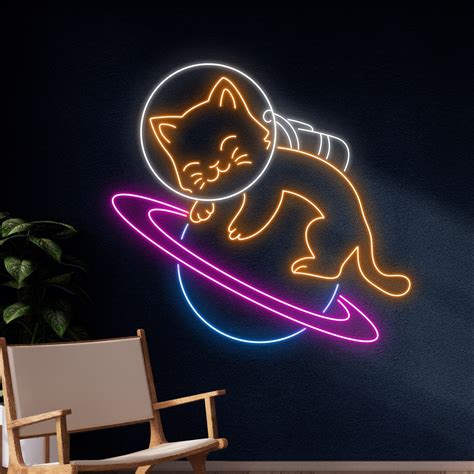 Handmadetneonsign Astronaut Cat Sleeping On Planet Neon Sign Cat In