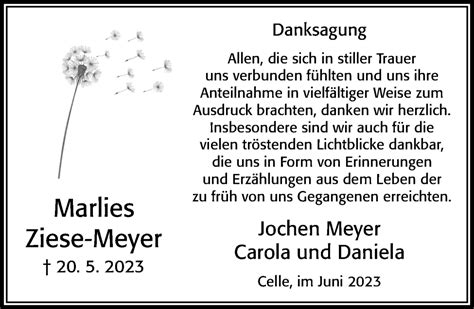 Traueranzeigen Von Marlies Ziese Meyer Trauerportal Der Celleschen