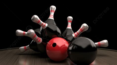 Bowling Ball With Black And Red Bowling Pins On Black Background 3d