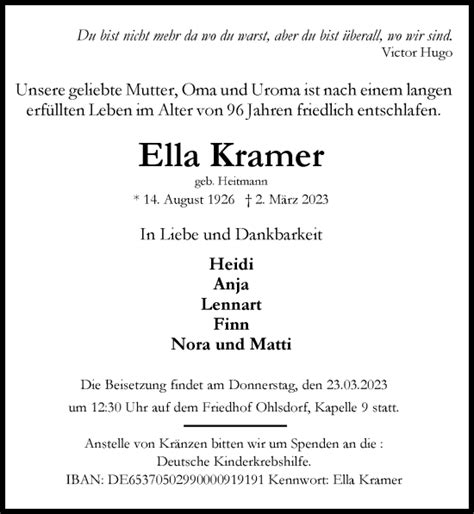 Traueranzeigen Von Ella Kramer HamburgerTRAUER De