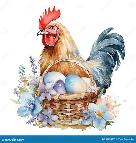 Watercolor Chicken With Eggs Illustration Ai Generative Stock