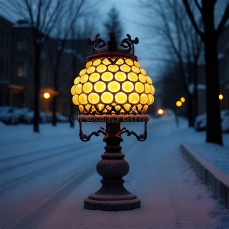 Unusual Lamps With Soft Light On A Winter City Street Stock