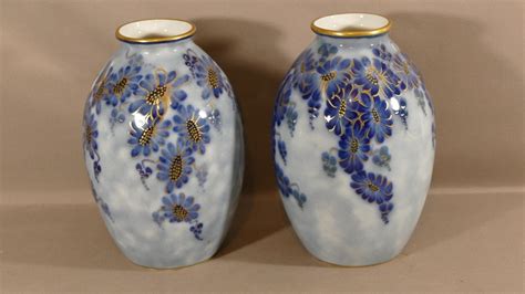 Proantic Tharaud Limoges Paire De Vases Aux Fleurs Bleues Et Or Lim