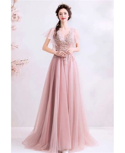 Gorgeous Pink Tulle Prom Dress Aline With Embroidery Vneck Tulle Sleeves Wholesale T78017