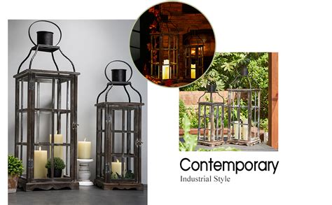 Glitzhome Farmhouse Oversized Wood Metal Lanterns Decorative Hanging Candle Lanterns Set Of 2