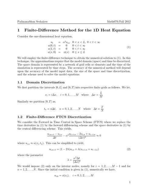 1 Finite Difference Method For The 1d Heat Equation 11 Domain