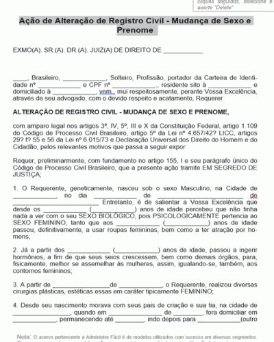 Modelo de Termo de Ação de Alteração de Registro Civil Mudança de