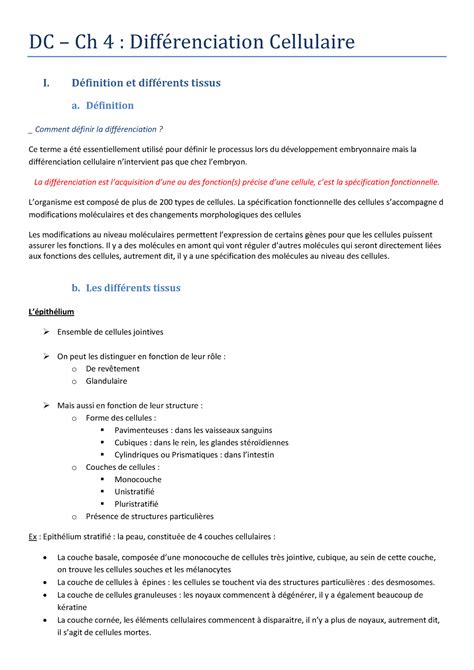 Dc Ch 4 Différenciation Cellulaire Dc Ch 4 Différénciation Céllulairé I Définition Et