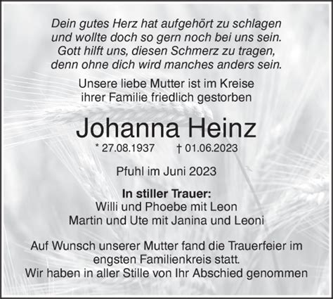 Traueranzeigen Von Johanna Heinz S Dwest Presse Trauer