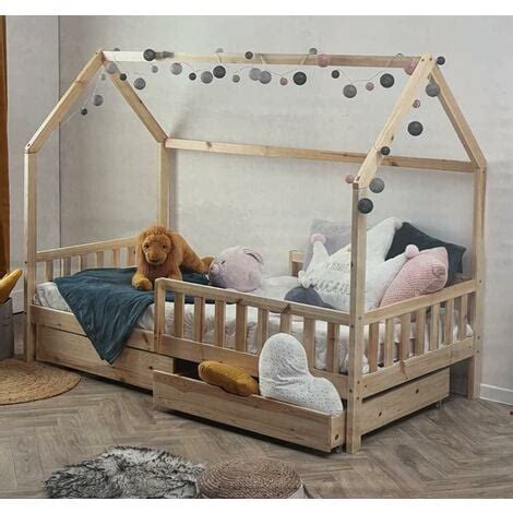 Lit Cabane Pour Enfant En Bois Naturel X Cm Avec Tiroirs