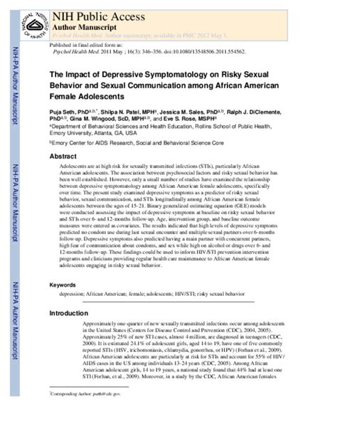 Pdf The Impact Of Depressive Symptomatology On Risky Sexual Behavior