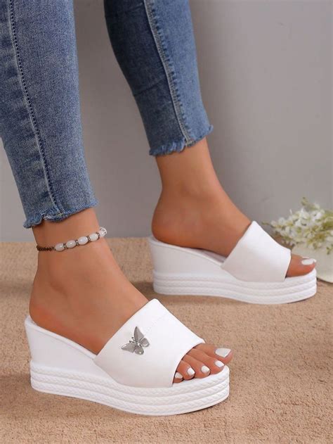 Women Butterfly Decor Sandals Fashion White Wedge Slide Sandals In